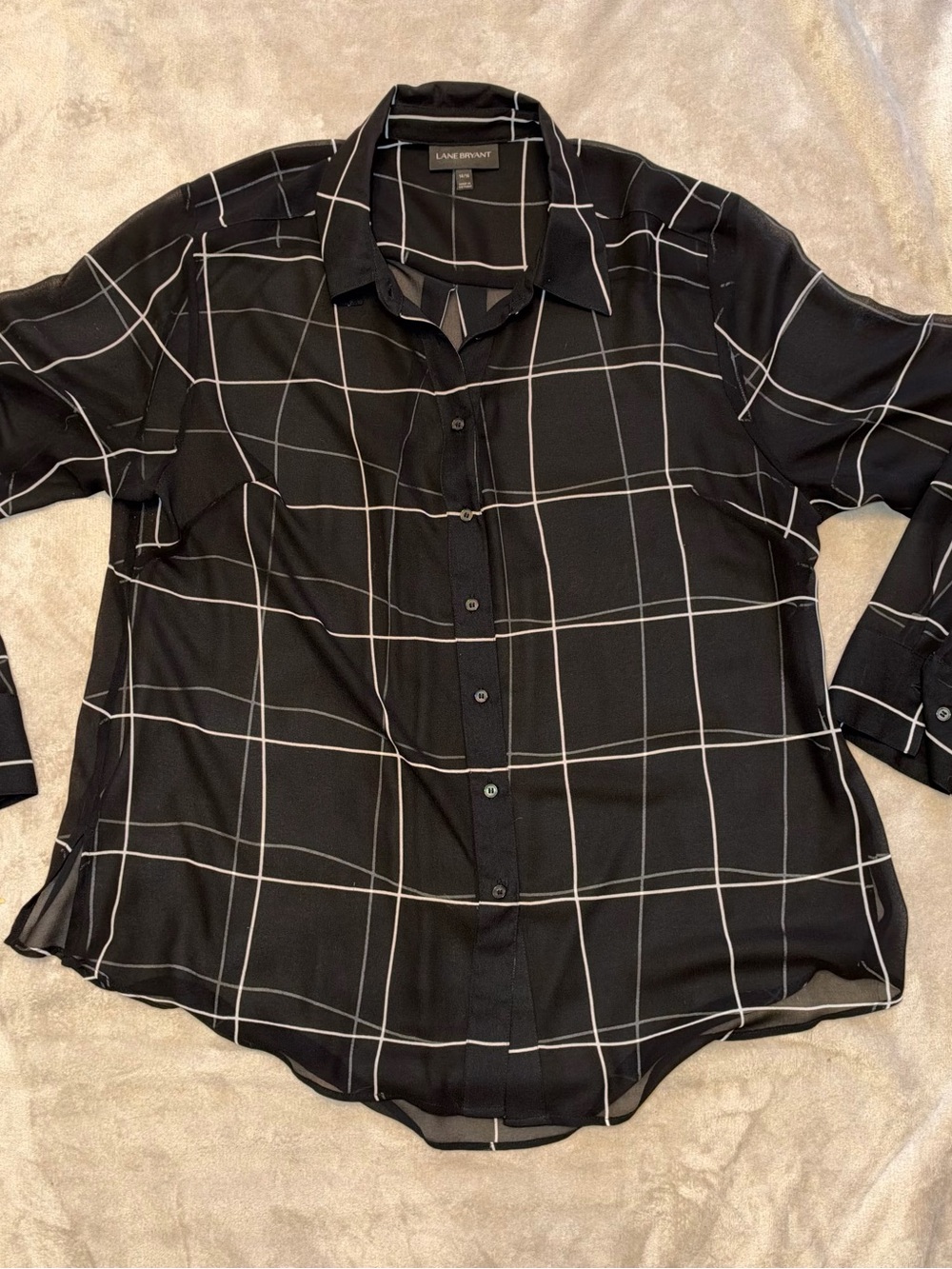 Lane Bryant Black Button-Up Shirt with White Windowpane Grid